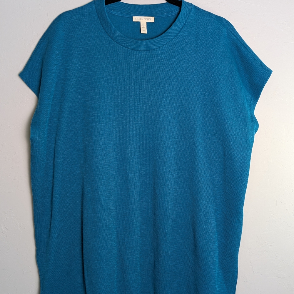 Eileen Fisher Organic Cotton Knit Teal Garment SzS Dolman Boxy Relaxed Oversized